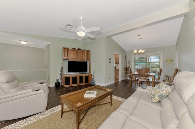 living room featuring lofted ceiling, ceiling fan with notable chandelier, and dark hardwood / wood-style floors