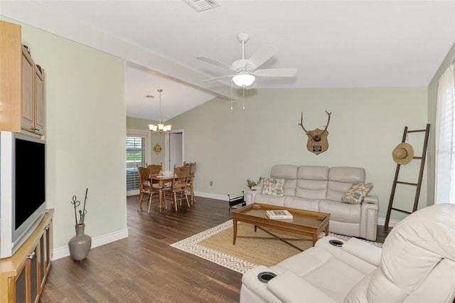 living room with dark hardwood / wood-style flooring, ceiling fan with notable chandelier, and lofted ceiling with beams