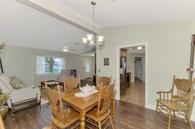 dining space featuring dark hardwood / wood-style flooring, ceiling fan with notable chandelier, and vaulted ceiling with beams