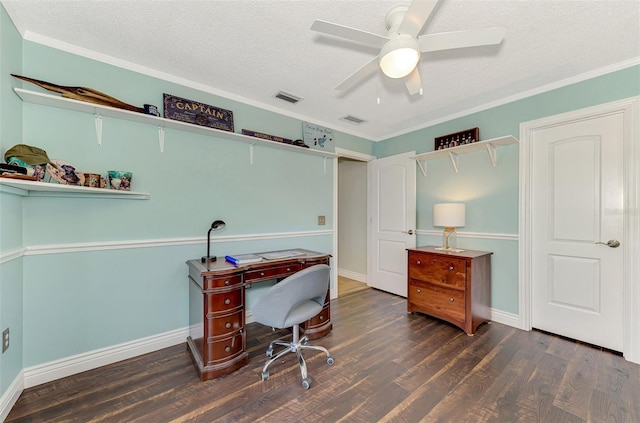 office area with a textured ceiling, ceiling fan, ornamental molding, and dark hardwood / wood-style floors