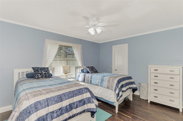 bedroom with a textured ceiling, ceiling fan, dark hardwood / wood-style flooring, and crown molding