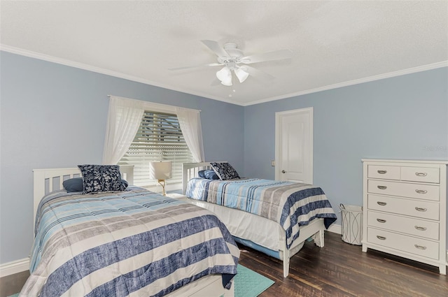 bedroom with wood finished floors, ceiling fan, crown molding, and baseboards