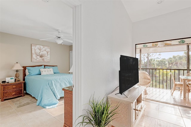 bedroom with ceiling fan, lofted ceiling, access to outside, and light tile patterned flooring