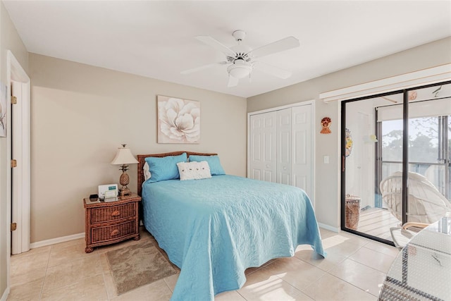 bedroom featuring ceiling fan, access to exterior, light tile patterned floors, and a closet