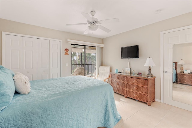 bedroom with access to outside, light tile patterned floors, ceiling fan, and a closet