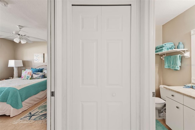 interior space featuring ceiling fan and a closet