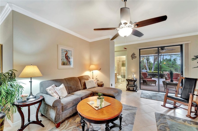 tiled living room with crown molding and ceiling fan