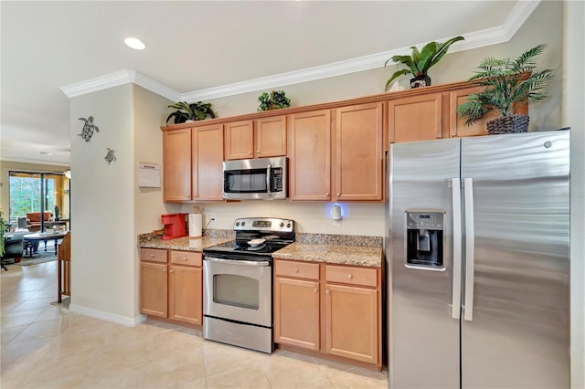 kitchen featuring stainless steel appliances, crown molding, light tile patterned floors, and light stone counters