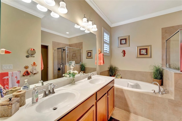 bathroom with vanity, separate shower and tub, tile patterned floors, and crown molding