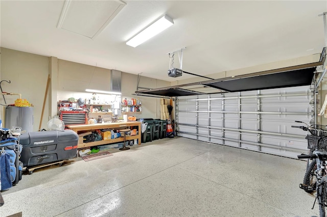 garage with a garage door opener and water heater