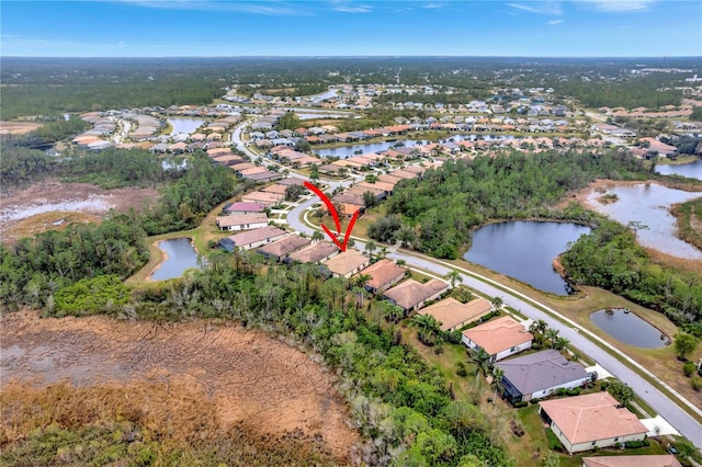 aerial view featuring a water view