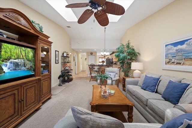 living room with light carpet, lofted ceiling, and ceiling fan with notable chandelier