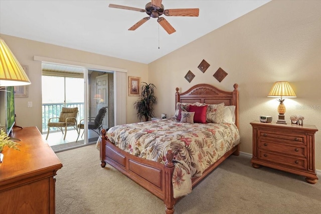 carpeted bedroom with ceiling fan, access to exterior, and lofted ceiling