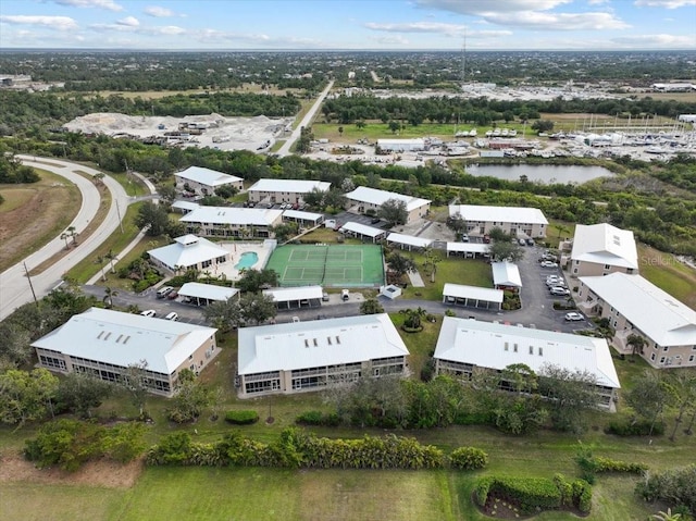 aerial view featuring a water view