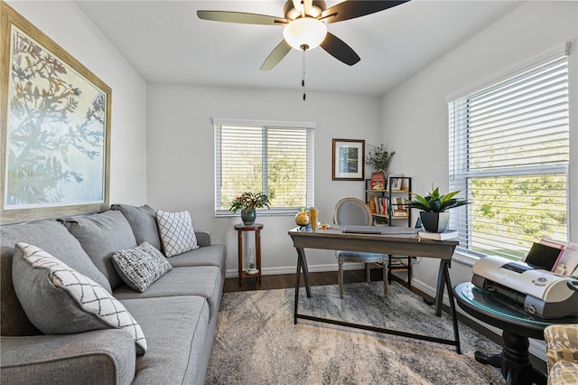 office featuring ceiling fan, wood-type flooring, and a wealth of natural light