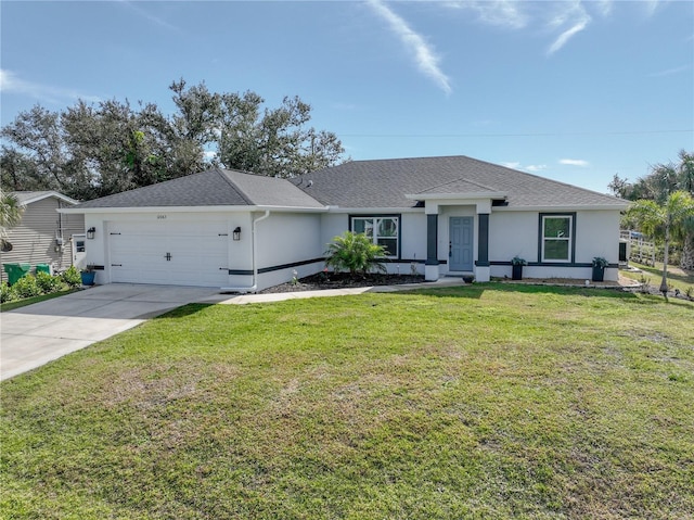 single story home with a garage and a front yard