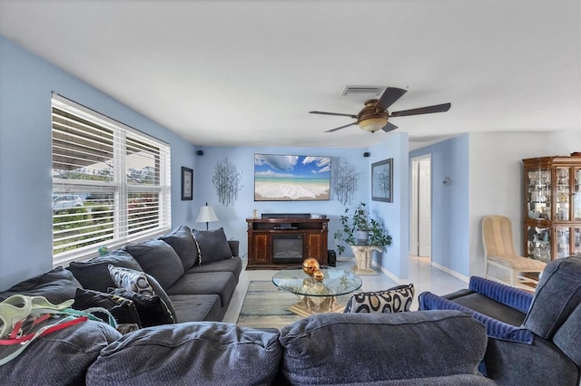 living room with ceiling fan