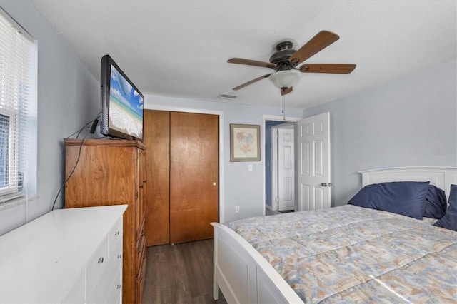 bedroom featuring ceiling fan, dark wood-type flooring, a closet, and multiple windows