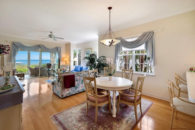 dining area with light wood-type flooring, a water view, ceiling fan, and ornamental molding