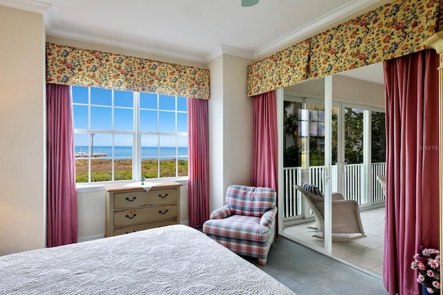 carpeted bedroom with crown molding, access to exterior, and a water view