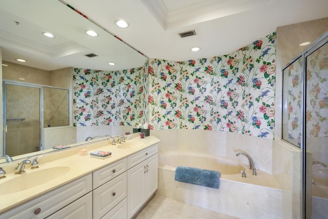 bathroom featuring vanity, shower with separate bathtub, a raised ceiling, and crown molding