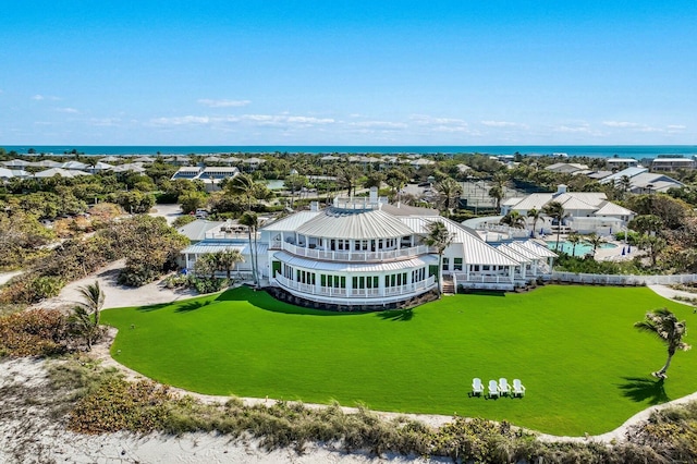 drone / aerial view with a water view