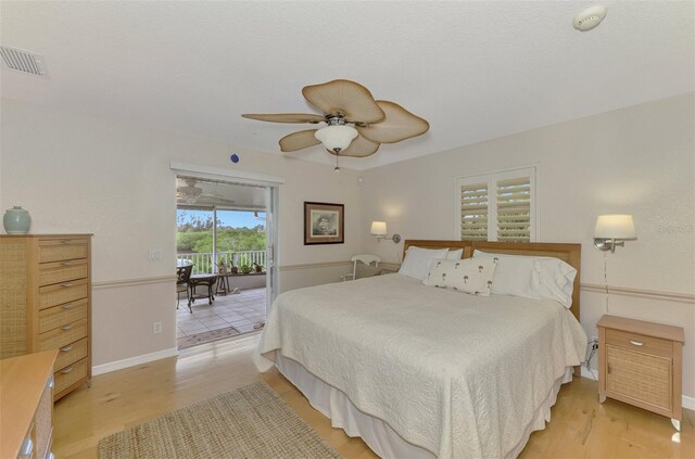 bedroom with ceiling fan and light wood-type flooring