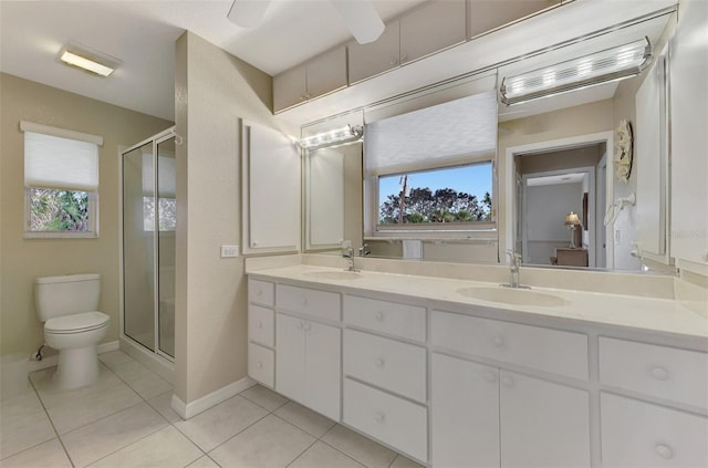 bathroom featuring tile patterned flooring, toilet, a shower with door, and vanity