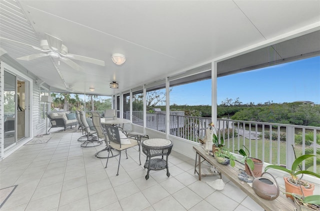 sunroom / solarium featuring ceiling fan