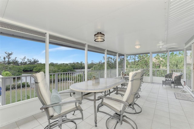 sunroom / solarium with ceiling fan and a water view