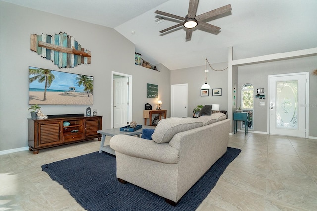 living room featuring high vaulted ceiling and ceiling fan