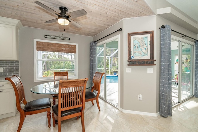 dining area with ceiling fan and wood ceiling