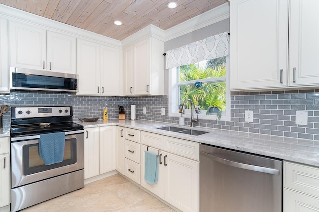 kitchen featuring wooden ceiling, appliances with stainless steel finishes, decorative backsplash, sink, and white cabinetry