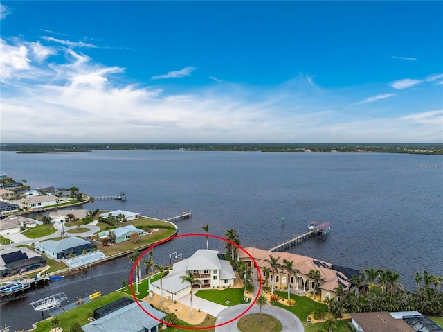 bird's eye view with a water view