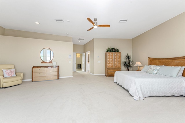 bedroom featuring ceiling fan and light carpet