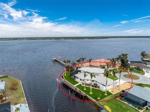 bird's eye view with a water view