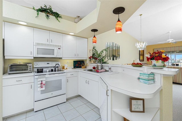 kitchen featuring white cabinetry, white appliances, kitchen peninsula, and pendant lighting