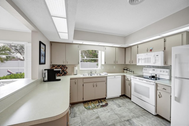 kitchen with tasteful backsplash, light countertops, a sink, a textured ceiling, and white appliances