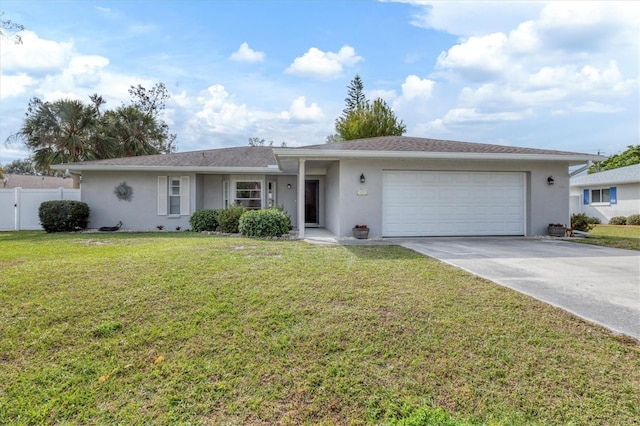 ranch-style home with a front yard, driveway, an attached garage, and stucco siding