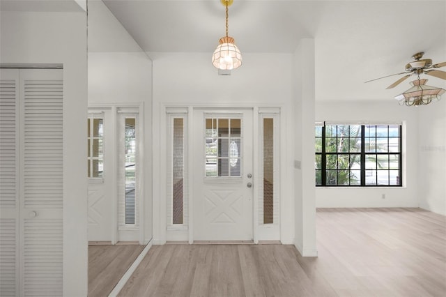 foyer featuring ceiling fan and light wood-type flooring