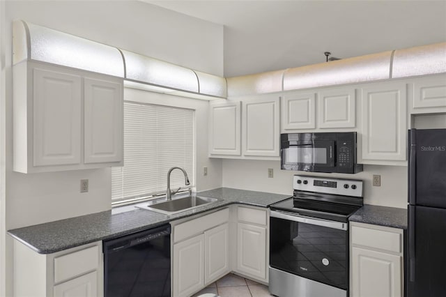 kitchen with white cabinetry, light tile patterned flooring, sink, and black appliances