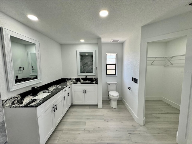 bathroom featuring vanity, a textured ceiling, and toilet