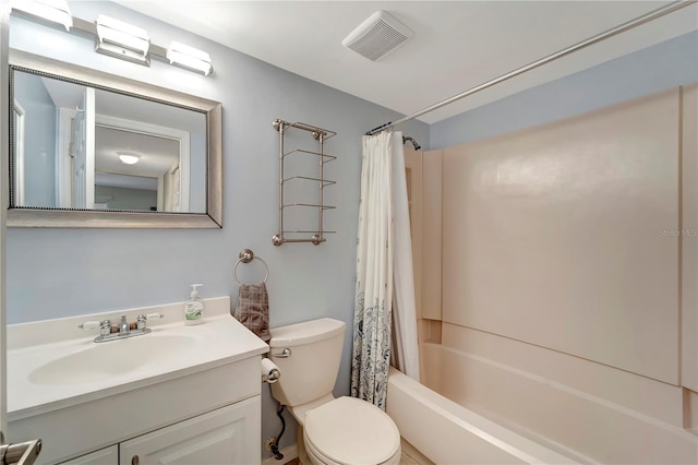 full bathroom with toilet, shower / bath combination with curtain, and vanity