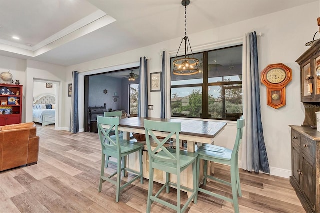 dining area featuring a raised ceiling and light wood-type flooring