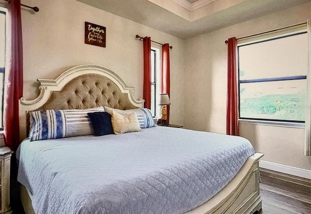 bedroom featuring dark wood-type flooring and multiple windows