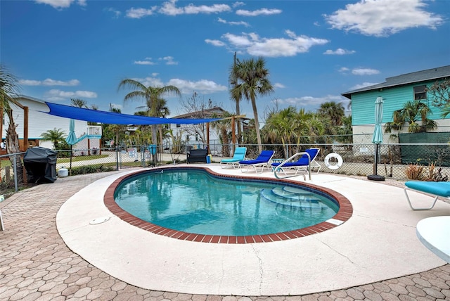 view of pool featuring area for grilling and a patio area