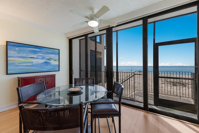 dining space featuring ceiling fan, a water view, light wood-type flooring, floor to ceiling windows, and crown molding