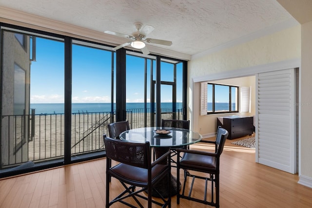 dining room featuring ceiling fan, hardwood / wood-style floors, a textured ceiling, a water view, and a beach view