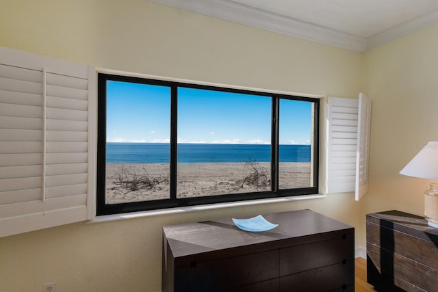 interior space with ornamental molding, a water view, and a view of the beach