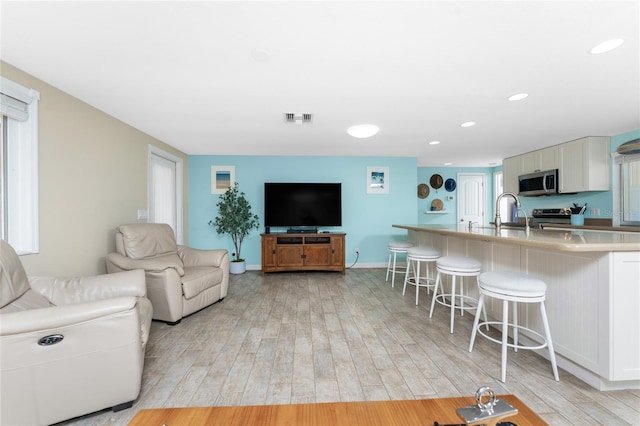 living room featuring a healthy amount of sunlight, sink, and light wood-type flooring